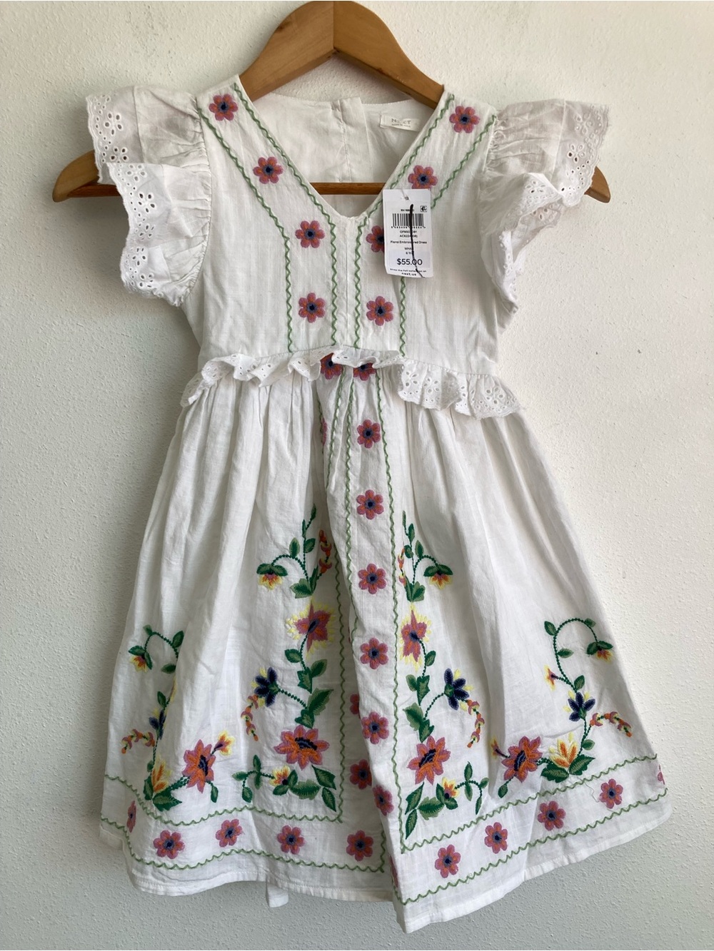 Next Girls Dress Size 6 White Embroidered Floral Kids Dress with Pink Accents